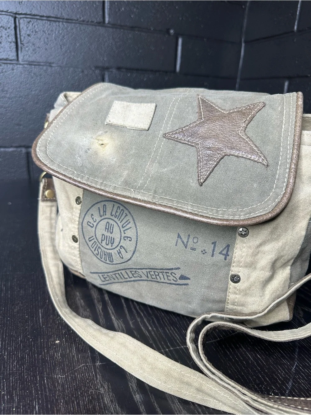 Myra brand- Canvas Messenger Bag with Star Accent - Beige & Olive